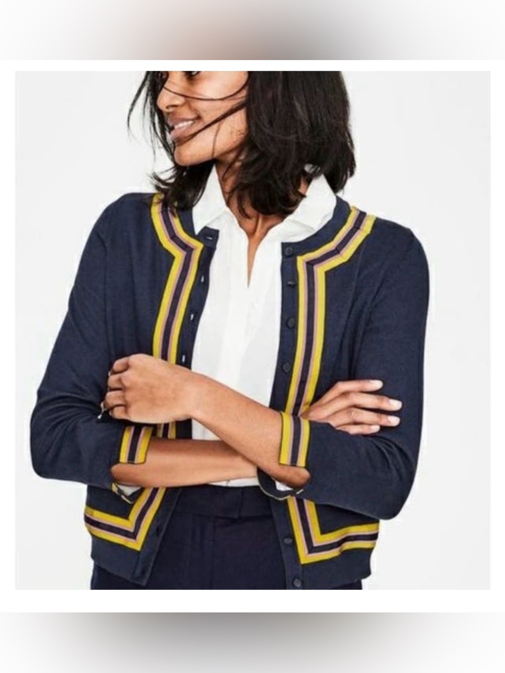 Boden Women’s Abigail Navy Grosgrain Ribbon Trim Covered Button Cardigan Size 10